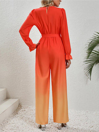 Shop Gradient Tie Front Flounce Sleeve Jumpsuit Now On Klozey Store - Trendy U.S. Premium Women Apparel & Accessories And Be Up-To-Fashion!