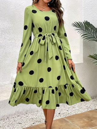Shop Tied Polka Dot Round Neck Ruffle Hem Dress Now On Klozey Store - Trendy U.S. Premium Women Apparel & Accessories And Be Up-To-Fashion!