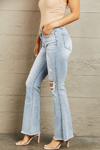 Shop BAYEAS Mid Rise Distressed Flare Jeans Now On Klozey Store - Trendy U.S. Premium Women Apparel & Accessories And Be Up-To-Fashion!
