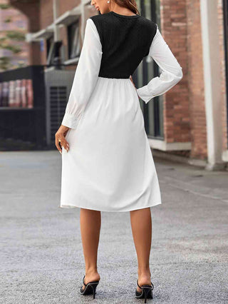 Shop Contrast Round Neck Long Sleeve Dress Now On Klozey Store - Trendy U.S. Premium Women Apparel & Accessories And Be Up-To-Fashion!