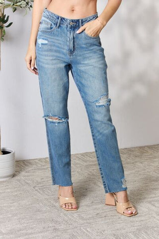 Shop Judy Blue Full Size Distressed Raw Hem Straight Jeans Now On Klozey Store - Trendy U.S. Premium Women Apparel & Accessories And Be Up-To-Fashion!