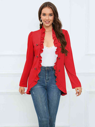 Shop Ruffle Trim Long Sleeve Blazer Now On Klozey Store - Trendy U.S. Premium Women Apparel & Accessories And Be Up-To-Fashion!
