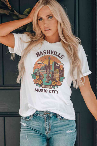 Shop NASHVILLE MUSIC CITY Graphic Round Neck Tee Now On Klozey Store - Trendy U.S. Premium Women Apparel & Accessories And Be Up-To-Fashion!
