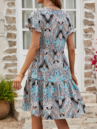 Shop Printed V-Neck Tiered Dress Now On Klozey Store - Trendy U.S. Premium Women Apparel & Accessories And Be Up-To-Fashion!