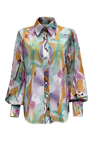 Shop Printed Button Up Lantern Sleeve Shirt Now On Klozey Store - Trendy U.S. Premium Women Apparel & Accessories And Be Up-To-Fashion!
