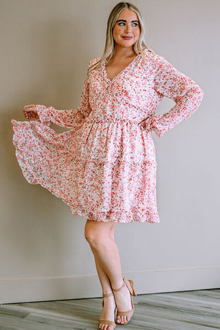 Shop Plus Size Floral V-Neck Frill Long Sleeve Dress Now On Klozey Store - Trendy U.S. Premium Women Apparel & Accessories And Be Up-To-Fashion!
