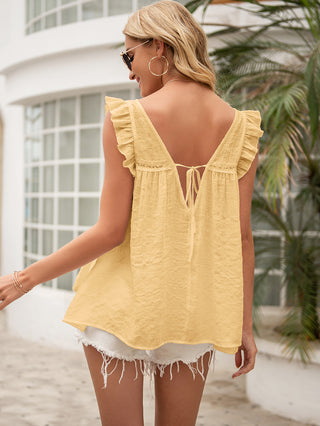 Shop Tie Back V-Neck Ruffled Blouse Now On Klozey Store - Trendy U.S. Premium Women Apparel & Accessories And Be Up-To-Fashion!
