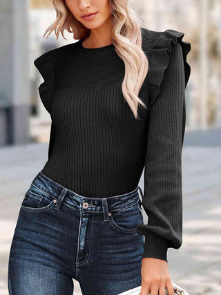 Shop Ribbed Ruffled Round Neck Long Sleeve Knit-Top Now On Klozey Store - Trendy U.S. Premium Women Apparel & Accessories And Be Up-To-Fashion!