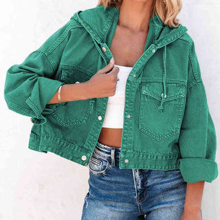 Shop Hooded Dropped Shoulder Denim Jacket Now On Klozey Store - Trendy U.S. Premium Women Apparel & Accessories And Be Up-To-Fashion!
