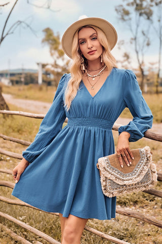 Shop V-Neck Long Sleeve Smocked Waist Mini Dress Now On Klozey Store - Trendy U.S. Premium Women Apparel & Accessories And Be Up-To-Fashion!