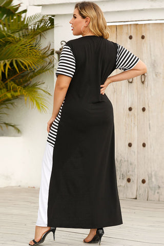 Shop Plus Size Striped Color Block Round Neck Dress Now On Klozey Store - Trendy U.S. Premium Women Apparel & Accessories And Be Up-To-Fashion!