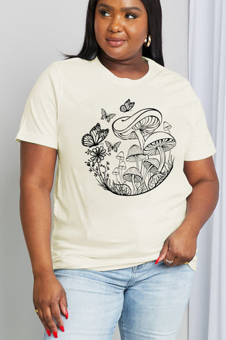 Shop Simply Love Full Size Butterfly & Mushroom Graphic Cotton Tee Now On Klozey Store - Trendy U.S. Premium Women Apparel & Accessories And Be Up-To-Fashion!