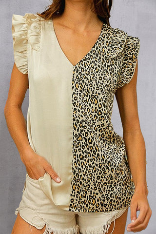 Shop Ruffled Leopard V-Neck Cap Sleeve Blouse Now On Klozey Store - Trendy U.S. Premium Women Apparel & Accessories And Be Up-To-Fashion!