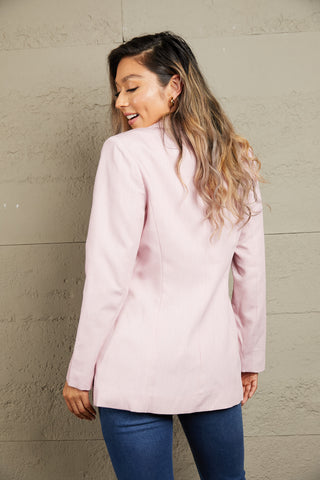 Shop Double Take Double-Breasted Padded Shoulder Blazer with Pockets Now On Klozey Store - Trendy U.S. Premium Women Apparel & Accessories And Be Up-To-Fashion!