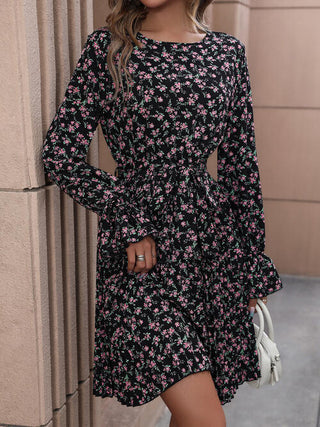 Shop Floral Tie Front Long Sleeve Dress Now On Klozey Store - Trendy U.S. Premium Women Apparel & Accessories And Be Up-To-Fashion!