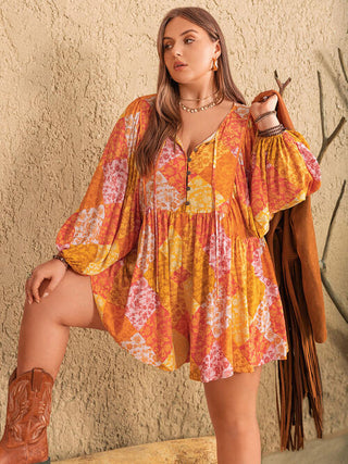 Shop Plus Size Floral Tie Neck Balloon Sleeve Romper Now On Klozey Store - Trendy U.S. Premium Women Apparel & Accessories And Be Up-To-Fashion!
