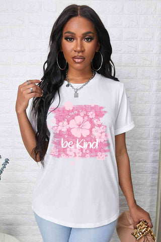 Shop BE KIND Flower Graphic Round Neck Tee Now On Klozey Store - Trendy U.S. Premium Women Apparel & Accessories And Be Up-To-Fashion!