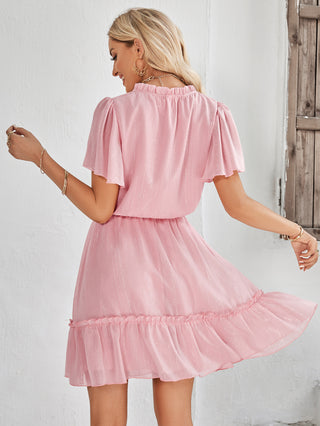 Shop Frill Trim Tie Neck Flutter Sleeve Dress Now On Klozey Store - Trendy U.S. Premium Women Apparel & Accessories And Be Up-To-Fashion!