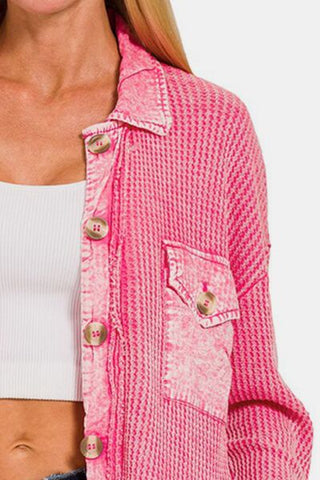 Shop Zenana Waffle-Knit Button Up Dropped Shoulder Jacket Now On Klozey Store - Trendy U.S. Premium Women Apparel & Accessories And Be Up-To-Fashion!