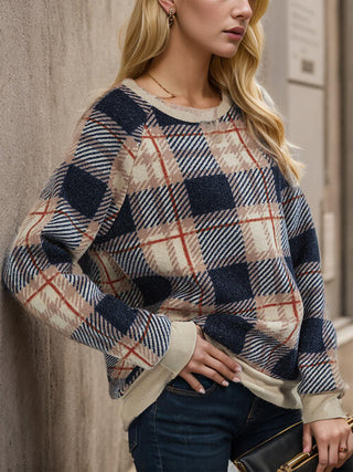 Shop Plaid Round Neck Long Sleeve Sweatshirt Now On Klozey Store - Trendy U.S. Premium Women Apparel & Accessories And Be Up-To-Fashion!