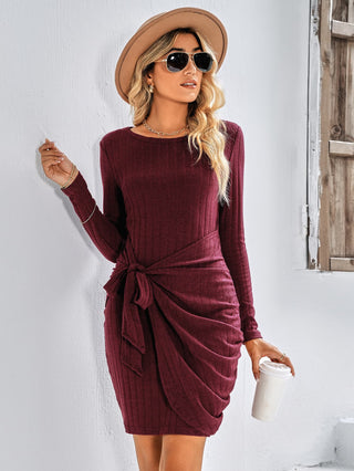 Shop Tied Round Neck Long Sleeve Mini Dress Now On Klozey Store - U.S. Fashion And Be Up-To-Fashion!