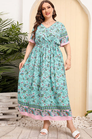 Shop Plus Size Bohemian V-Neck Short Sleeve Maxi Dress Now On Klozey Store - Trendy U.S. Premium Women Apparel & Accessories And Be Up-To-Fashion!