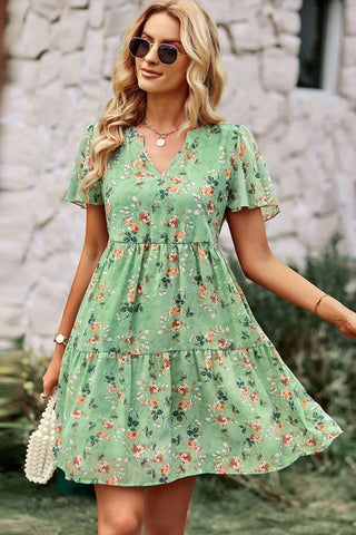 Shop Floral Notched Flutter Sleeve Mini Dress Now On Klozey Store - Trendy U.S. Premium Women Apparel & Accessories And Be Up-To-Fashion!