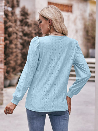 Shop Double Take Eyelet Square Neck Puff Sleeve Blouse Now On Klozey Store - Trendy U.S. Premium Women Apparel & Accessories And Be Up-To-Fashion!