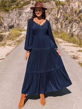Shop Long Sleeve Lace Trim Maxi Dress Now On Klozey Store - Trendy U.S. Premium Women Apparel & Accessories And Be Up-To-Fashion!