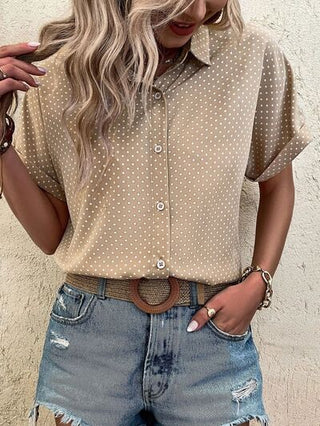 Shop Polka Dot Button Up Short Sleeve Blouse Now On Klozey Store - Trendy U.S. Premium Women Apparel & Accessories And Be Up-To-Fashion!