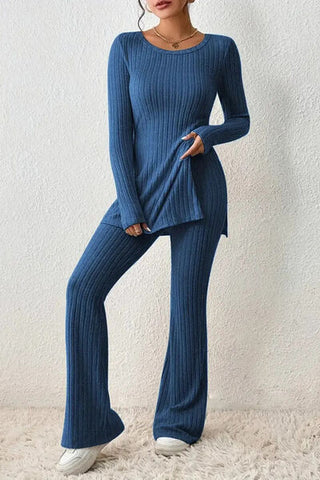 Shop Ribbed Long Sleeve Slit Top and Bootcut Pants Set Now On Klozey Store - Trendy U.S. Premium Women Apparel & Accessories And Be Up-To-Fashion!