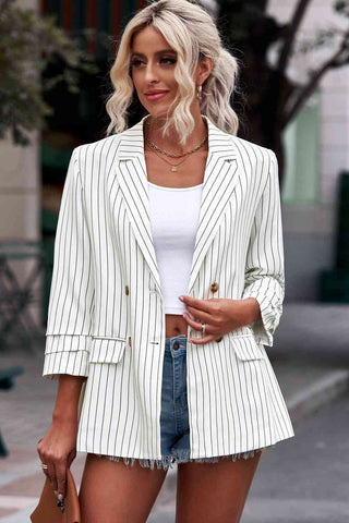 Shop Striped Double-Breasted Long Sleeve Blazer Now On Klozey Store - Trendy U.S. Premium Women Apparel & Accessories And Be Up-To-Fashion!