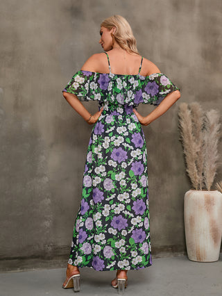 Shop Floral Spaghetti Strap Cold-Shoulder Slit Maxi Dress Now On Klozey Store - Trendy U.S. Premium Women Apparel & Accessories And Be Up-To-Fashion!