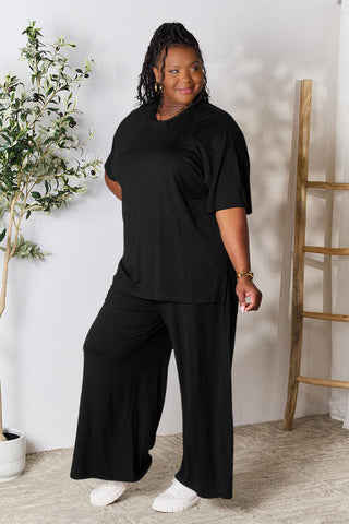 Shop Double Take Full Size Round Neck Slit Top and Pants Set Now On Klozey Store - Trendy U.S. Premium Women Apparel & Accessories And Be Up-To-Fashion!