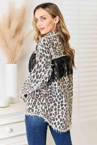 Shop Double Take Leopard Fringe Detail Collared Neck Denim Jacket Now On Klozey Store - Trendy U.S. Premium Women Apparel & Accessories And Be Up-To-Fashion!