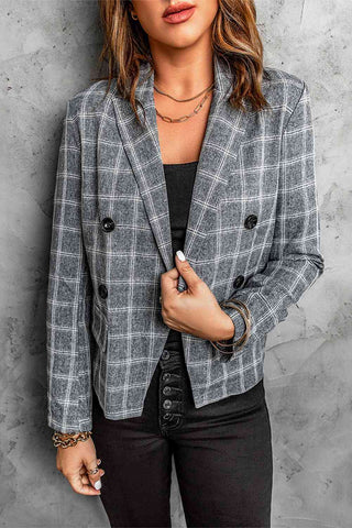 Shop Plaid Double-Breasted Flap Pocket Blazer Now On Klozey Store - Trendy U.S. Premium Women Apparel & Accessories And Be Up-To-Fashion!
