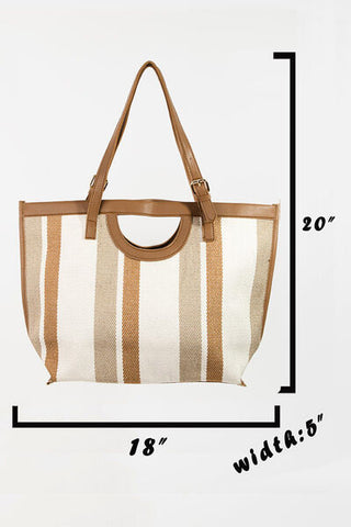 Shop Fame Striped PU Leather Trim Tote Bag Now On Klozey Store - Trendy U.S. Premium Women Apparel & Accessories And Be Up-To-Fashion!