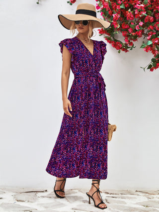 Shop Printed Surplice Neck Flutter Sleeve Slit Dress Now On Klozey Store - U.S. Fashion And Be Up-To-Fashion!