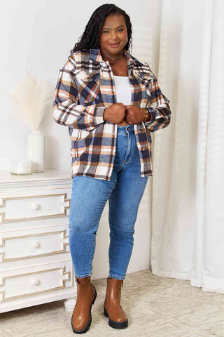 Shop Double Take Plaid Button Front Shirt Jacket with Breast Pockets Now On Klozey Store - Trendy U.S. Premium Women Apparel & Accessories And Be Up-To-Fashion!