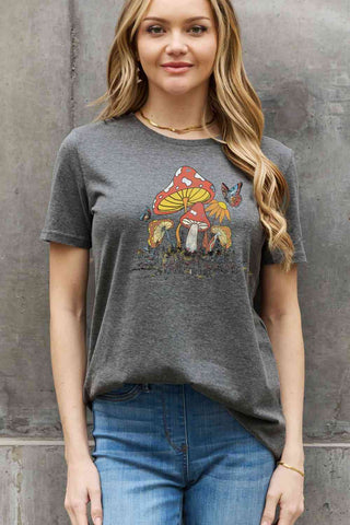Shop Simply Love Full Size Mushroom & Butterfly Graphic Cotton T-Shirt Now On Klozey Store - Trendy U.S. Premium Women Apparel & Accessories And Be Up-To-Fashion!