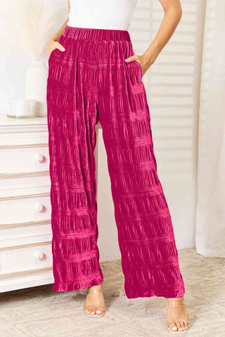 Shop Double Take Full Size High Waist Tiered Shirring Velvet Wide Leg Pants Now On Klozey Store - Trendy U.S. Premium Women Apparel & Accessories And Be Up-To-Fashion!