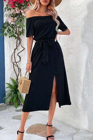 Shop Tie-Waist Off-Shoulder Split Dress Now On Klozey Store - Trendy U.S. Premium Women Apparel & Accessories And Be Up-To-Fashion!