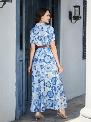 Shop Floral Print Lapel Collar Short Sleeve Maxi Dress Now On Klozey Store - Trendy U.S. Premium Women Apparel & Accessories And Be Up-To-Fashion!