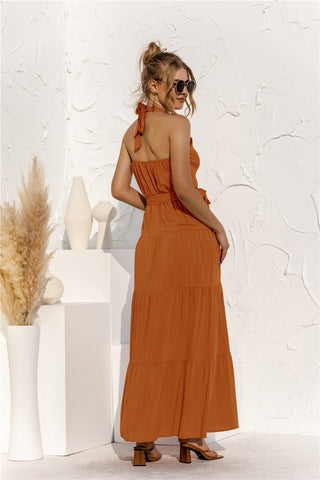 Shop Halter Neck Tie Waist Tiered Maxi Dress Now On Klozey Store - Trendy U.S. Premium Women Apparel & Accessories And Be Up-To-Fashion!