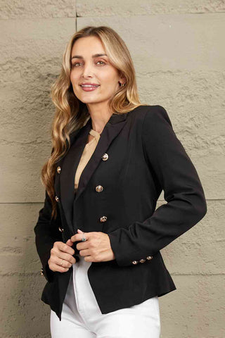 Shop Double Take Double-Breasted Padded Shoulder Blazer Now On Klozey Store - Trendy U.S. Premium Women Apparel & Accessories And Be Up-To-Fashion!