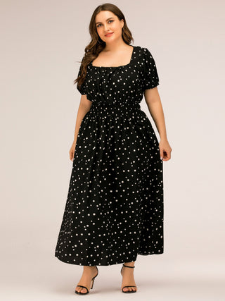 Shop Plus Size Polka Dot Square Neck Dress Now On Klozey Store - Trendy U.S. Premium Women Apparel & Accessories And Be Up-To-Fashion!
