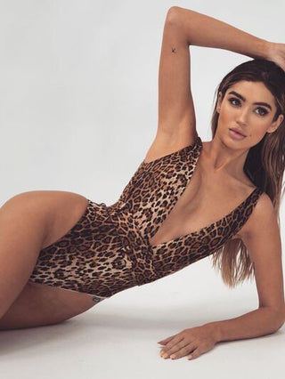 Shop Leopard Plunge Wide Strap Sleeveless One-Piece Swimwear Now On Klozey Store - Trendy U.S. Premium Women Apparel & Accessories And Be Up-To-Fashion!