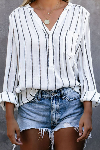 Shop Striped V-Neck High-Low Shirt with Breast Pocket Now On Klozey Store - Trendy U.S. Premium Women Apparel & Accessories And Be Up-To-Fashion!