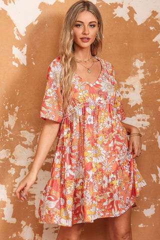 Shop Floral Print V-Neck Short Sleeve Frill Trim Mini Dress Now On Klozey Store - Trendy U.S. Premium Women Apparel & Accessories And Be Up-To-Fashion!