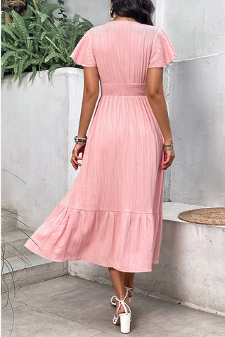 Shop Surplice Neck Smocked Waist Flutter Sleeve Dress Now On Klozey Store - Trendy U.S. Premium Women Apparel & Accessories And Be Up-To-Fashion!